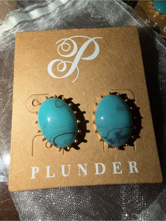Plunder Jewelry - Plunder Turquoise Teal Marbled Oval Stud Earrings in Gold